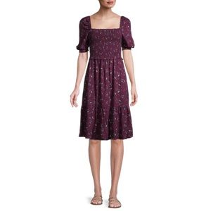 NWT Purple Smocked Puff Sleeve Midi Dress